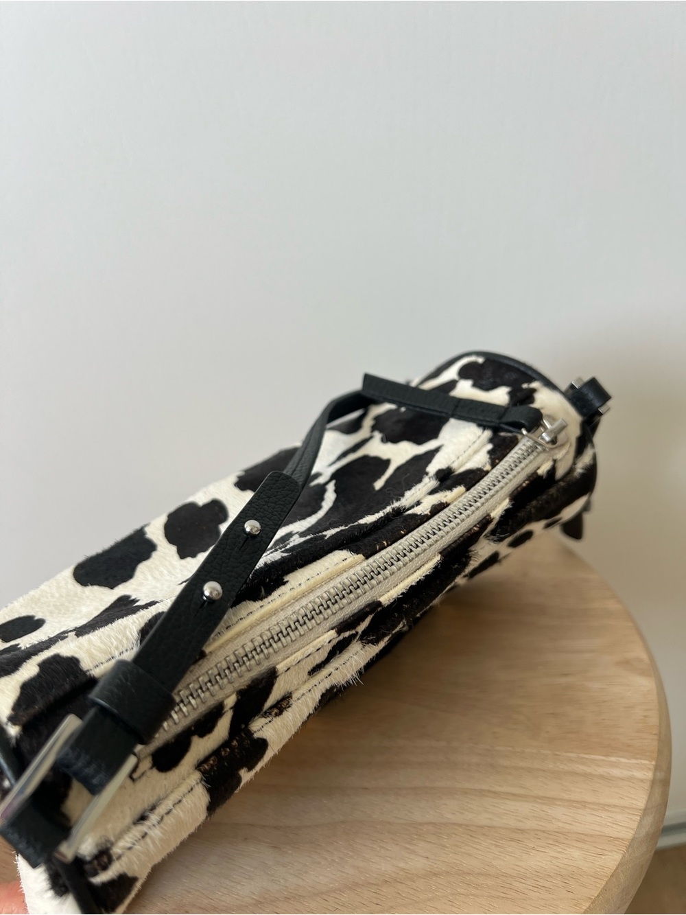 Black & White Cow Print Leather Shoulder Bag - Picture 4 of 5